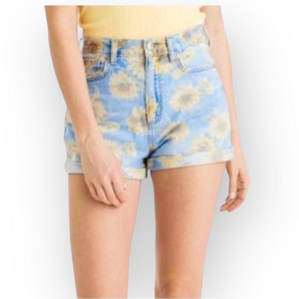 American Eagle High Rise Mom Denim Jean Shorts Sunflower Print Size 00‎